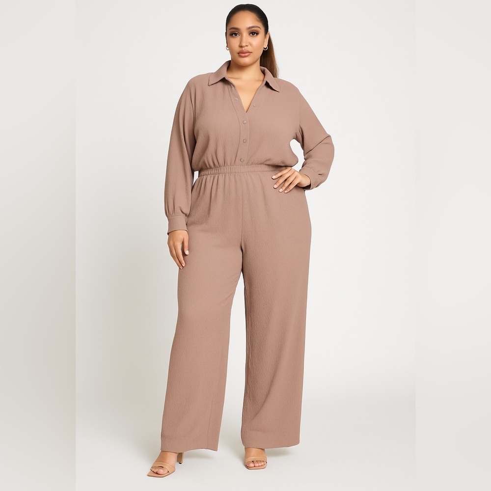 Fashion Nova Plus Sz 3X Jumpsuit Makenzie Mocha NWT Loose Fit Long Sleeve